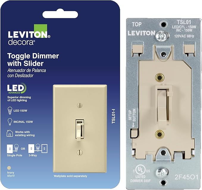 Leviton Toggle Slide LED Advanced Dimmer Switch for 150W Dimmable LED, Halogen and Incandescent Bulbs and Fixtures, TSL01-I, Ivory