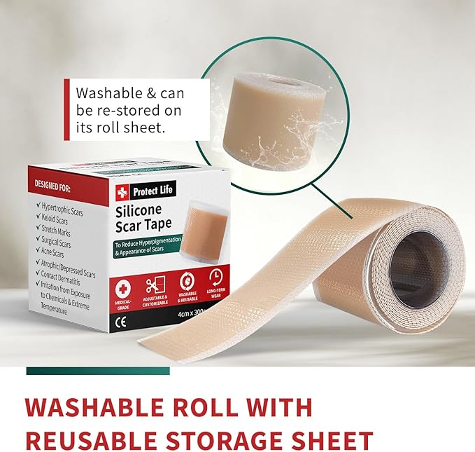 Protect Life Silicone Scar Sheets 1.6" x 118" Roll-3M - Medical Grade Scar Tape for Keloid Bump Removal - Reusable Silicone Tape Scar Removal Strips, Patches for Surgical Scars, C Section