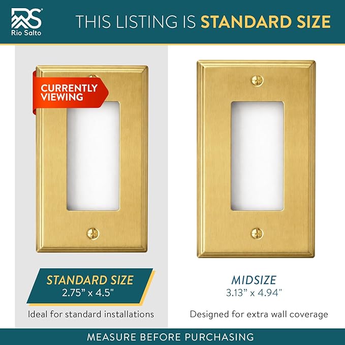 Rio Salto Rocker Light Switch Cover Plate Single Rocker Decorator Paddle GFCI BRASS Brushed Gold Metal Outlet Covers Decorative Wall Plates — Deco Collection, Standard Size, 4.50" X 2.76"