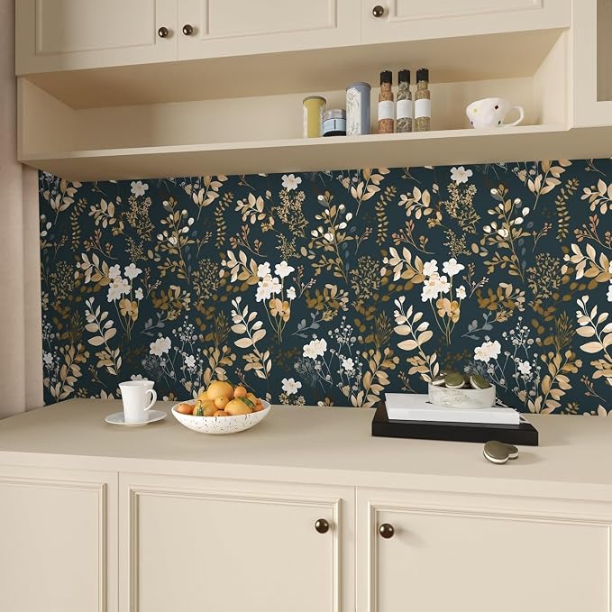 Vintage Dark Navy Gold Floral Peel and Stick Wallpaper 17.5"x787" | Self Adhesive/Removable/Waterproof/Thick Vinyl Extra Long Contact Paper for Bathroom Bedroom Shelf Cabinet Drawer,Prepasted