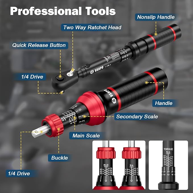 VANPO 49-Pc Torque Screwdriver & Wrench Set, 10-70In-lb & 1-12Nm Dual Range | with S2 Steel Bits & Sockets, for MTB Carbon Bikes, Firearm Optics, Scope Mounting & Professional DIY Repairs