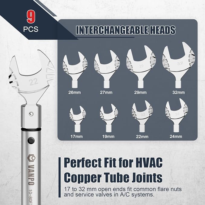VANPO HVAC Torque Wrench 10–80 Ft-lb, 9×12mm, for Mini Split AC | Adjustable Click Torque Wrench with Open End Heads (17–32mm), ±3% Accuracy, for Refrigeration Flare Nut Installation