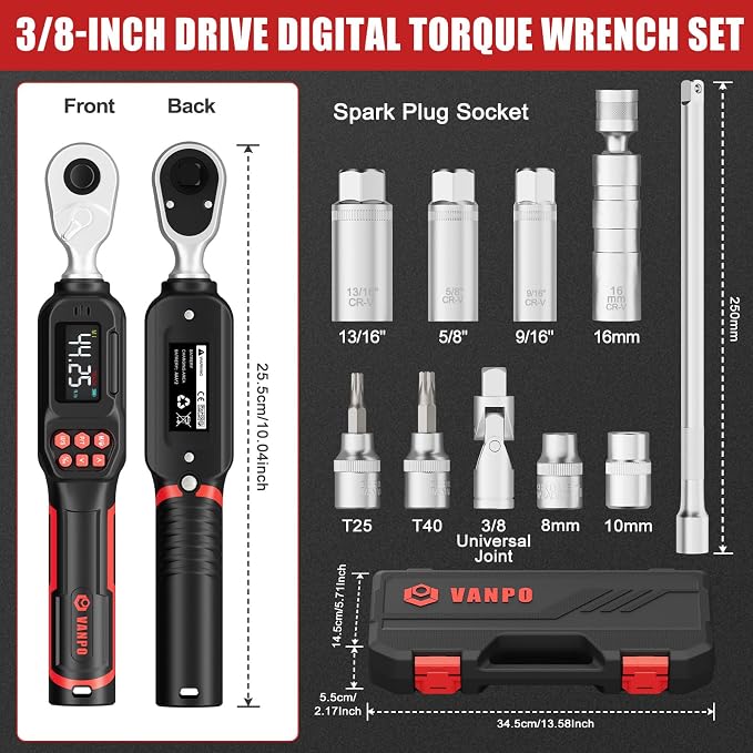 VANPO Spark Plug Socket Set with Digital Torque Wrench 3/8, 2.2-44.2 ft.lb | 3-60 N.m, ±2% Accuracy, Spark Plug Wrench with LED Buzzer Alert, Ideal for Motorcycle & Engine Repair