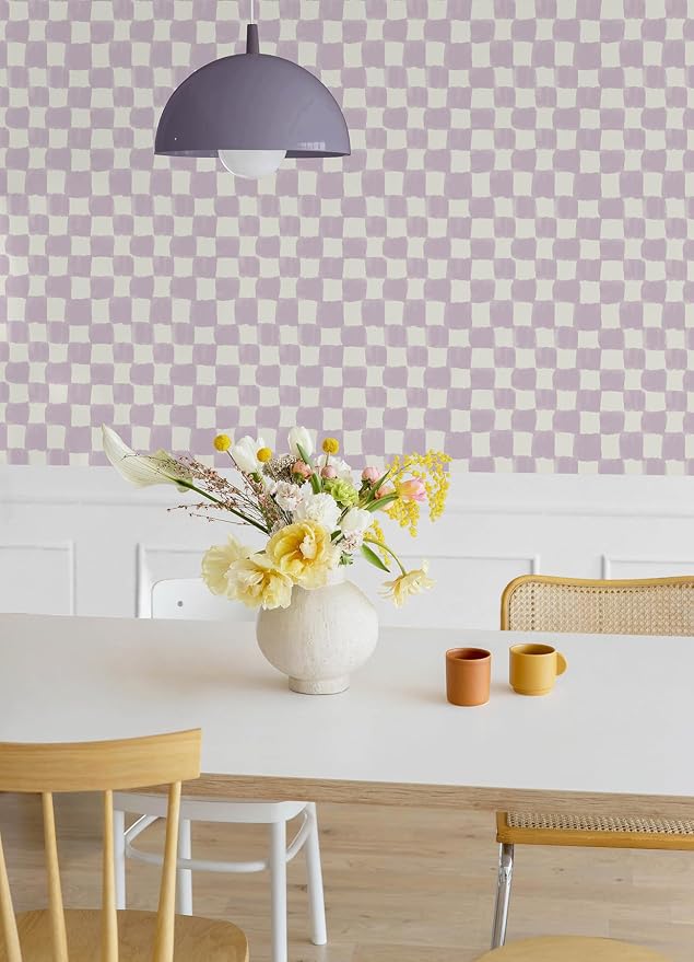 Mr. Kate Tess Watercolor Soft Lavender Checker Peel and Stick Wallpaper, Vinyl, 20.5-in x 18-ft