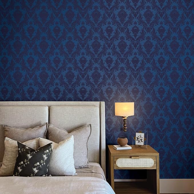 Tempaper Textured Metallic Blue Damsel Removable Peel and Stick Damask Wallpaper, 20.5 in X 16.5 ft, Made in the USA