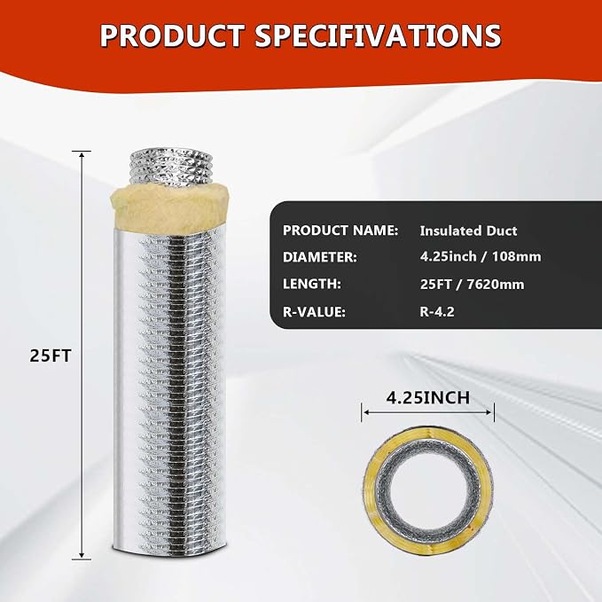 4 Inch 25 Feet R4.2 Insulated Flexible Duct | High-Efficiency Thermal Insulation | Suitable for Heating & Cooling