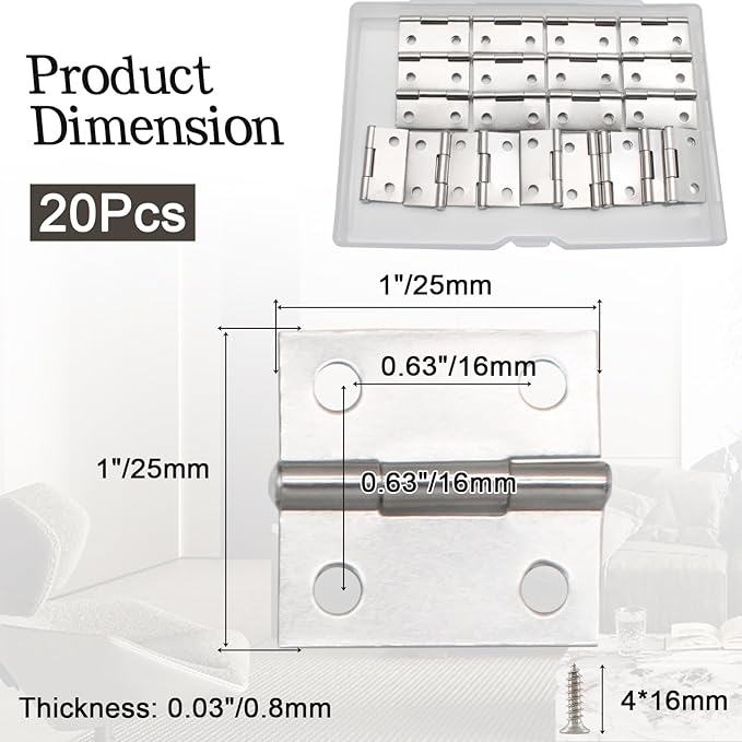 Luomorgo 20 Pack 1 Inch Mini Hinges Butt Hinges, Stainless Steel Cabinet Hinges, Small Folding Door Hinge for Wooden Box, Crafts (Silver)