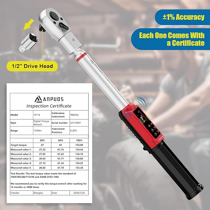 Adjustable Digital Torque Wrench, 1.5-99.6 Ft.lb, ±1% Accuracy | 2-135Nm, 45mm Jaw & 1/2" Ratchet, 14×18mm Open End, Vibration, Buzzer, LED Indicator for HVAC, Split AC, Motorcycle, Plumbing