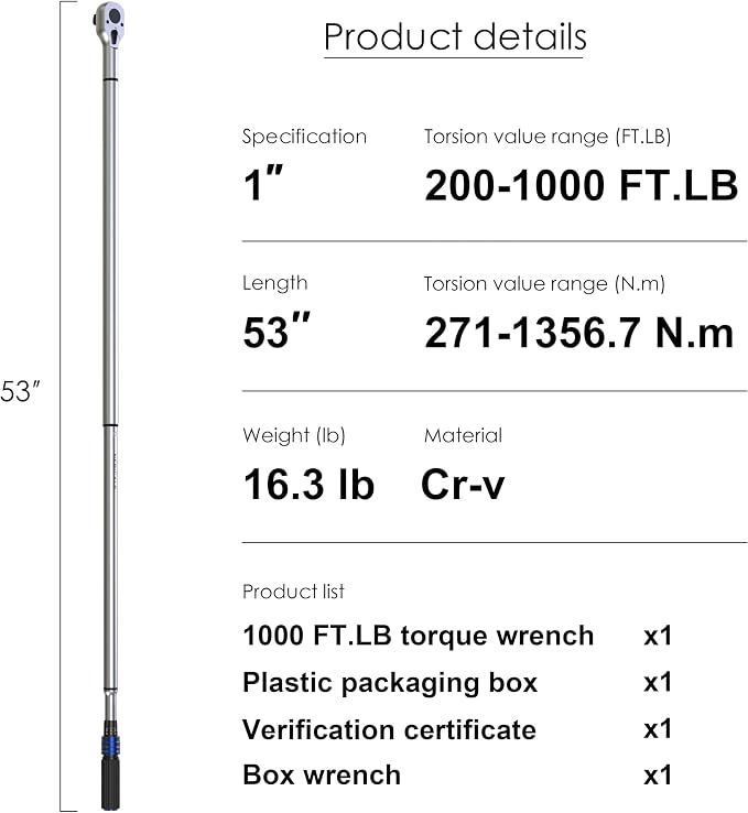 1'' 200-1000 Ft Lb Torque Wrench Heavy Duty, Dual Direction
