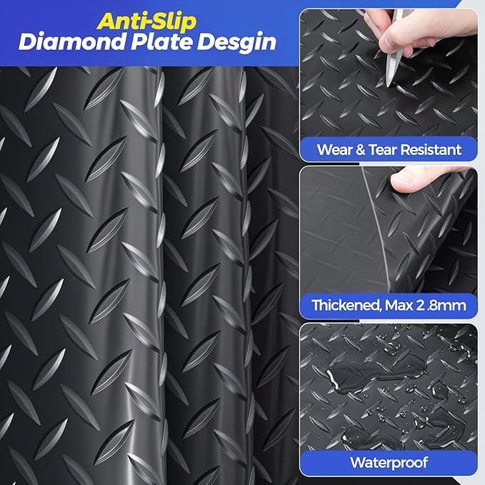8x21 FT Garage Floor Mat, 2.8mm Thickened Garage Flooring Heavy Duty Rubber Garage Floor Mats for Under Car, Diamond Plate Garage Mat for Garage, Workshop, Enclosed Trailer