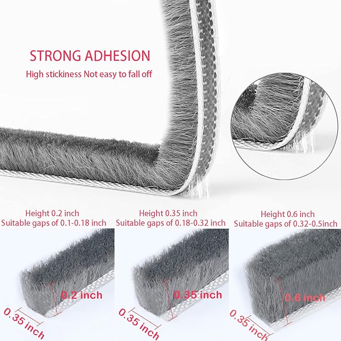 Weather Stripping Door Window Seal Strip 33 Ft, Selfadhesive Strong Adhesion, soundproofing, Draft Blocker, Dustproof, Suitable for Doors and Windows Cabinet Doors, 0.35 Wide X 0.35 Inch Thick, Gray