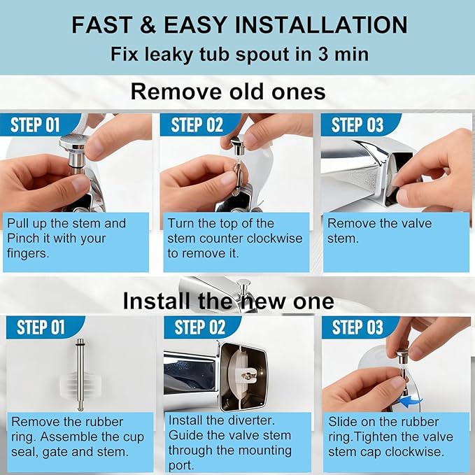 2 Set Universal Tub Spout Diverter Repair Kit Parts, Includes 2 x Diverter Valve Stems, 2 x Cup Seals and 2 x Gates, Bathroom Shower Bathtub Leaky Faucet Repair Replacement Parts (Classic,Chrome)