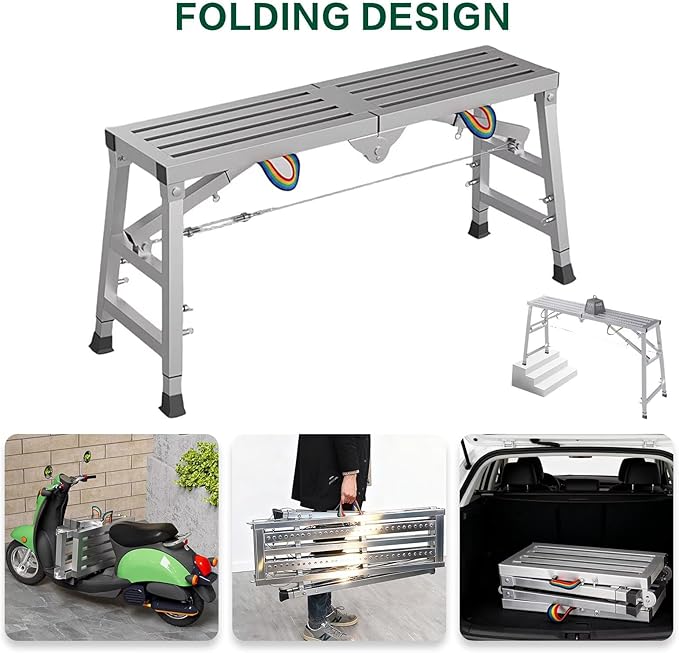 Work Platform Scaffold, 47"x 11" Portable Folding Scaffolding Platform, Equipment Adjustable Height 23.6"-35.4",Steel Step Ladder 800 lbs Load Capacity for Car Washing, Repairing, Painting, Cleaning