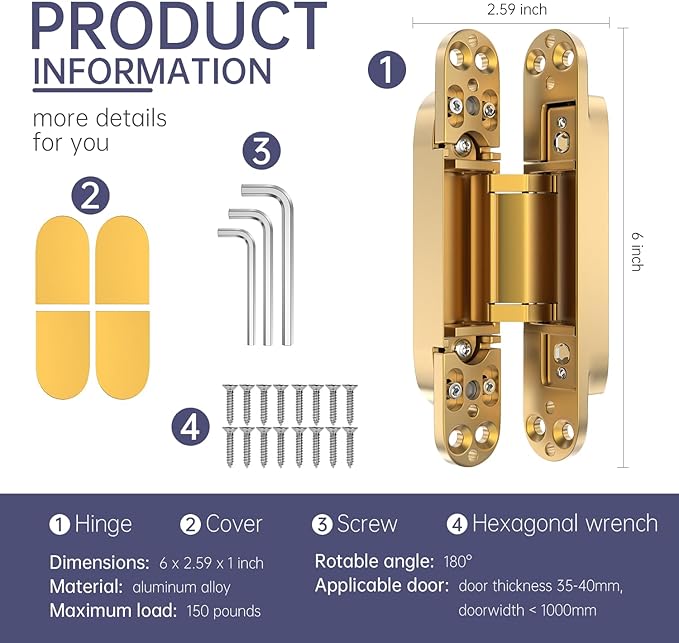 4-Pack 6 inch Hinge for Doors Invisible Hinges Concealed Hinges Zinc Alloy 180 Degree Swing Hinge 3 Way Adjustable Butt Silent Door Hinge 6 x 2.5 x 1 inch (Gold)