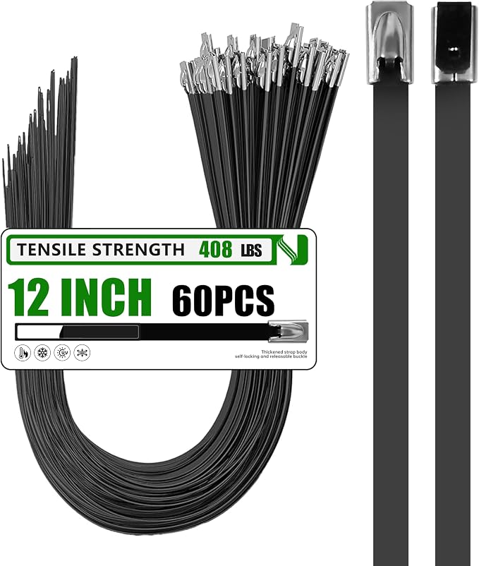 MasiStran Metal Zip Ties 60 Pack 12 Inch, 304 Stainless Steel 408LBS Heavy Duty Zip Ties Black - Self-Locking Cable Ties for Exhaust Wrap，Chain Link Fence Parts, Outdoor Farms,Pipes