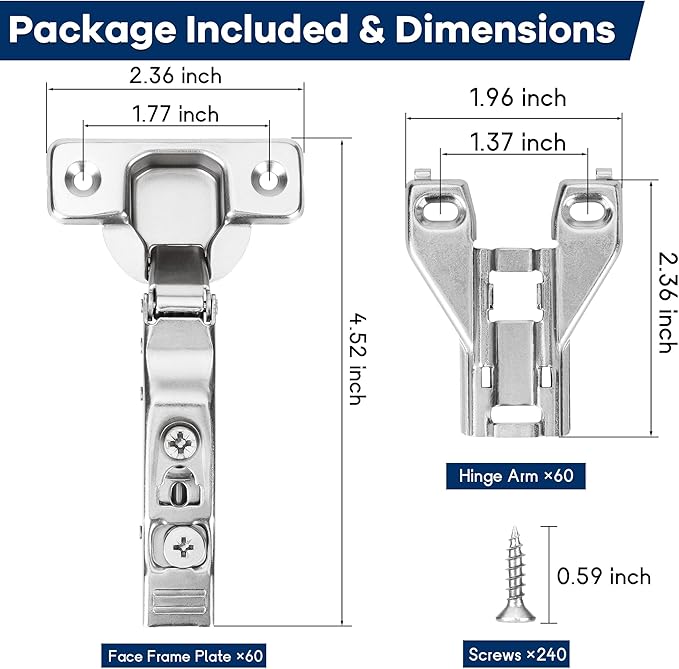 60 Pack 1/2'' Overlay Face Frame Soft Close Hidden Cabinet Hinges, 105 Degree 3D Adjustable Clip On Plate Concealed Kitchen Cupboard Door Hinges with Screws