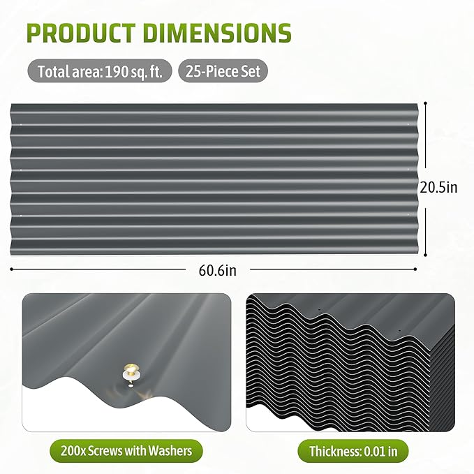 Metal Roof Panels 25Pcs 60.6×20.5 Inches with Screws, Corrugated Tin Roofing Panels Waterproof,Steel Wall Panel Siding Panels Sheets for Garages Sheds Chicken Coop Stables and Mobile Homes,Grey