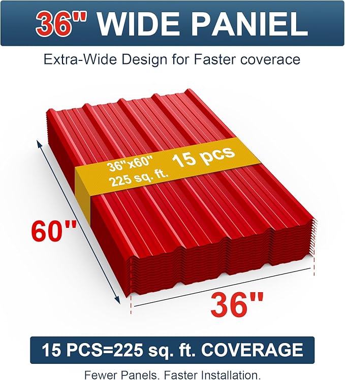 15 Pack PPGI Metal Roofing Panels, 60" x 36", 28 Gauge, 225 Sq. Ft. Coverage, Prepainted Galvanized Steel Sheets for Residential, Commercial, Pergolas, Gazebos, Fencing, and Patio Roofs（Red）