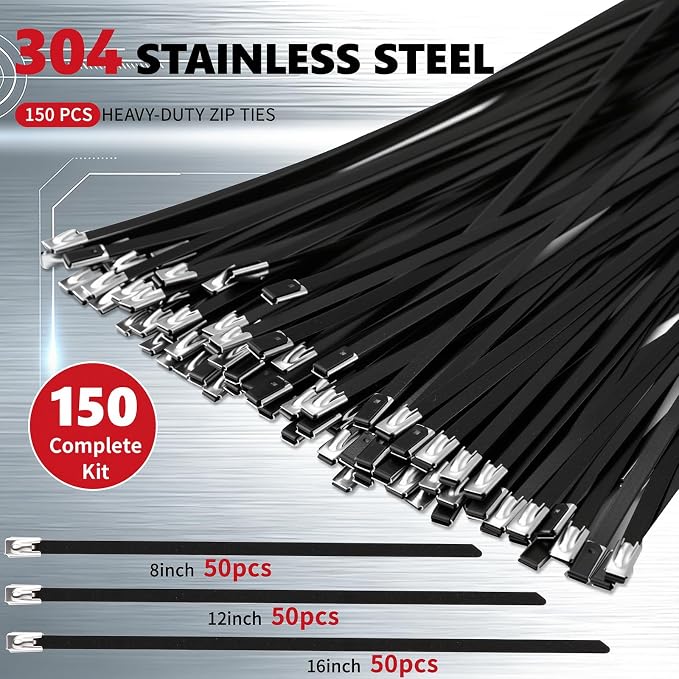 Stainless Steel Zip Ties Kit with 150 Metal Cable Ties & Metal Cable Tie Wrap Gun, Heavy Duty Outdoor Fastening Tool for Exhaust Pipe, Chain Link Fence, Auto Repair, Industrial Cable Binding