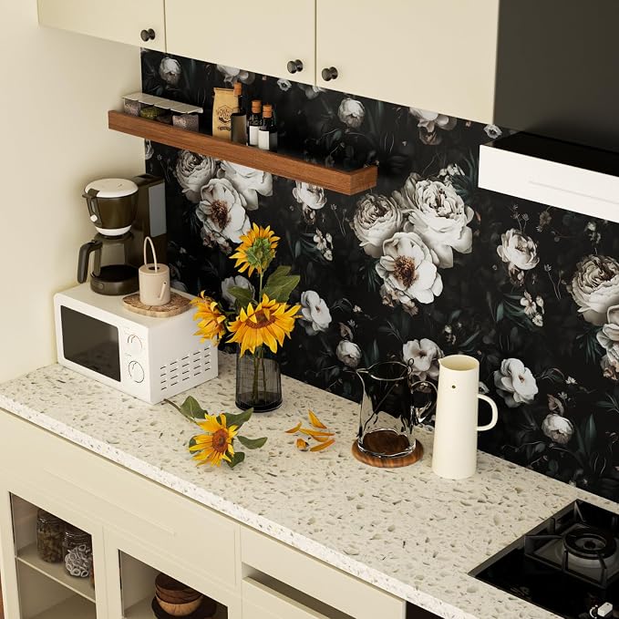 Laatse Dark Floral Wallpapr Peel and Stick Boho Wallpaper 17.5in x 118in Black Contact Paper Waterproof Self Adhesive Vintage Large Floral Wall Paper for Bedroom Walls Cabinet Decor