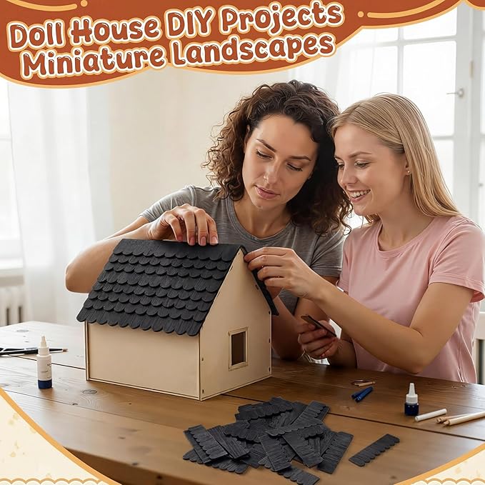 Wenqik 100 Strips Dollhouse Roof Shingles 4.25 x 1.14 Inches Each Mini Fish Scale Wooden Dollhouse Miniature Roofing for 1: 12 Scale Doll House Projects DIY Miniature Landscapes (Black)