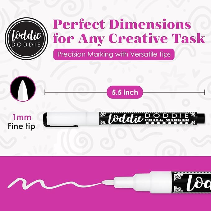 Loddie Doddie Liquid Chalk Markers - Pack of 5, 1 mm Tip, White - Fine Tip Chalk Pen for Glass Surfaces - Washable Car Window Markers - Erasable Ink for Chalkboard Calendar