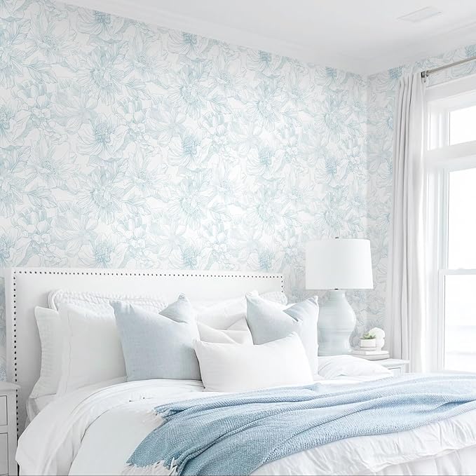 236"x17.3" Peel and Stick Wallpaper Blue Floral Contact Paper Boho White Modern Wallpaper Removable Self Adhesive Wall Paper for Bedroom Bathroom Cabinets Drawers Thicken Vinyl Roll