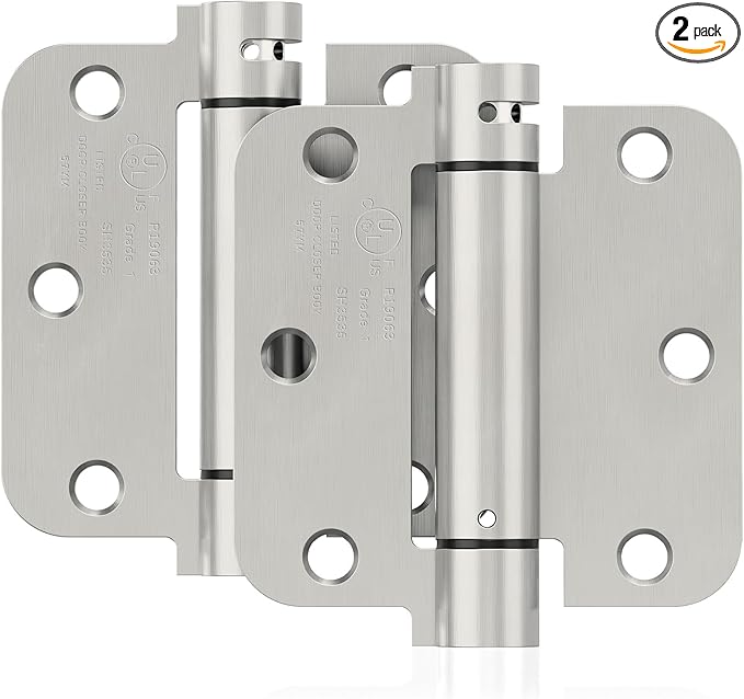 2 Pack Self Closing Door Hinges, 3.5 Inch Spring Loaded Door Hinges for Garage, Front, Back Door, Left/Right Hand, Adjustable Tension, 5/8'' Radius Corners, UL Listed, Brushed Nickel