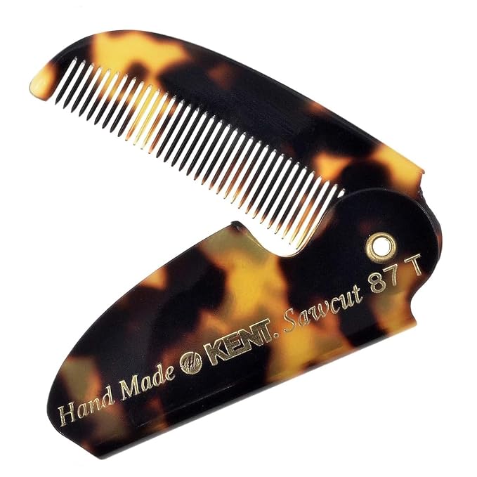 Kent 87T TY Handmade Folding Pocket Comb for Men, Fine Tooth Hair Comb Straightener for Everyday Grooming Styling Hair, Beard or Mustache, Use Dry or with Balms, Saw Cut Hand Polished, Made in England