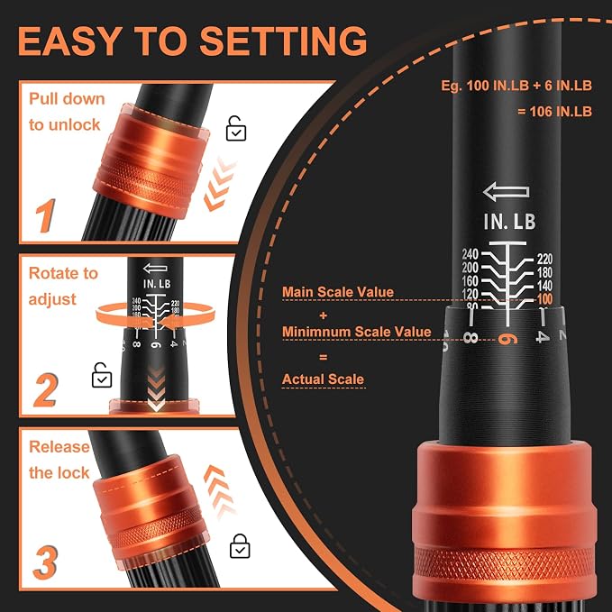 Kerry 1/4 Inch Drive Click Torque Wrench, 20-240 in-lb/2.3-27.1 Nm | ±3% Accuracy, Dual Scale, 72-Tooth Reversible Ratchet, Quick Release and Locking Adjustment with Case for Bicycle Maintenance