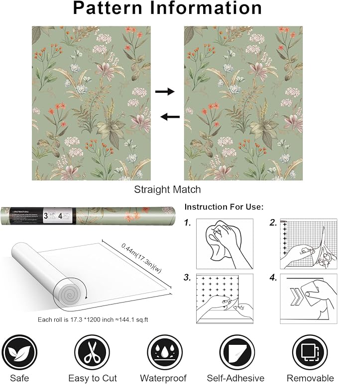 Simon&Siff Vintage Floral Peel and Stick Wallpaper 1200" x 17.3" | Sage Green Botanical Contact Paper, Self Adhesive Removable Wall Paper, Renter Friendly, Bedroom Cabinets DIY Decor