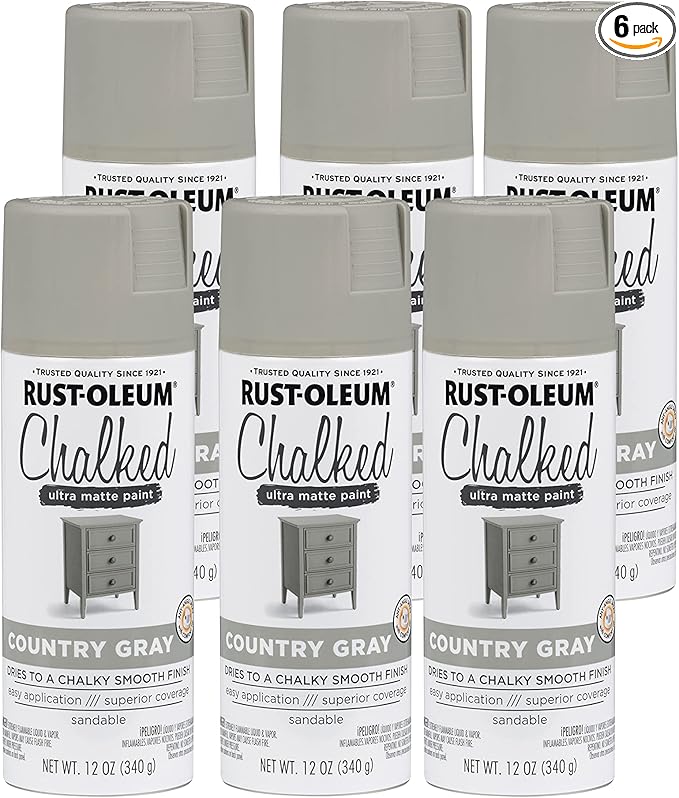 Rust-Oleum Country Gray Chalked All-in-One Ultra Matte Spray Paint | One Coat Coverage | No Primer, Sanding, Or Topcoat Needed | Easy Spray Application | Made in USA | 12 OZ | 6 Pack