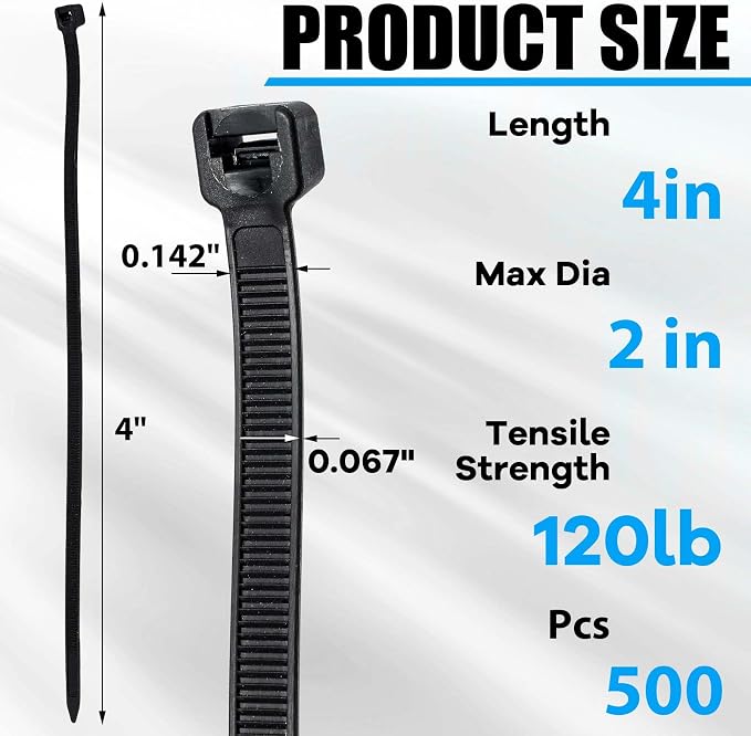 Reallnaive 500 Pcs 4 Inch Zip Ties Heavy Duty 120 Lbs Tensile Strength Black Nylon Wire Cable Ties Bulk for Indoor Outdoor