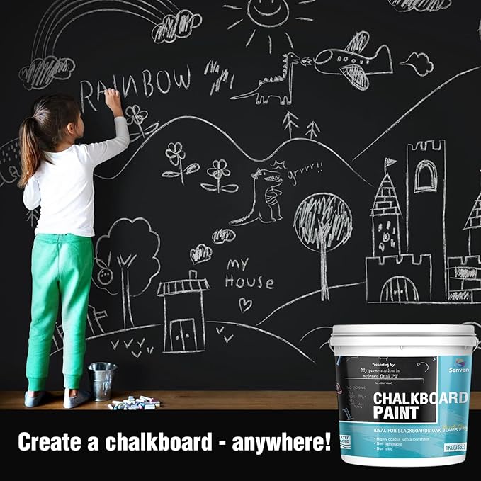 Chalkboard Paint Black Chalk Board Paint for Wood, Metal, Glass, Wall, Plaster Boards Sign, Frame, Interior/Exterior, All-in-One Primer & Top Coat, Black Matte, Acrylic, 35oz Cover 130 sf with Tools kit