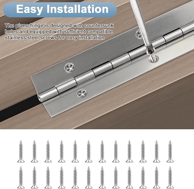 2Pcs Piano Hinge, 12 Inch Stainless Steel Hinges with Holes and 24 Pieces Stainless Steel Screws, Piano Heavy Duty Hinges, Suitable for Cabinets, DIY Storage Boxes, and Marine Scenarios