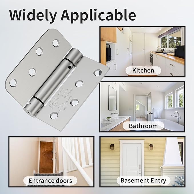 2 Pack Self Closing Door Hinges, 4 Inch Spring Loaded Door Hinges with Square & 5/8'' Radius Corners, Adjustable Tension for Garage, Front, Back Door, UL Listed, Left and Right Hand