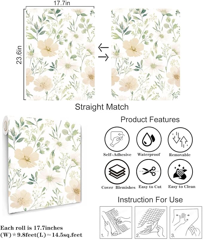 Floral Peel and Stick Wallpaper 17.7in x 118in | Watercolor flower removable self adhesive design for cottagecore bedroom accent walls