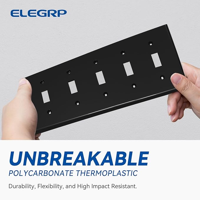 ELEGRP 5-Gang Toggle Switch Wall Plates, Standard Size 4.52" H x 10.03" L Unbreakable Thermoplastic Faceplate Cover for Toggle Dimmer Light Switches, UL Listed (1 Pack, Glossy Black)