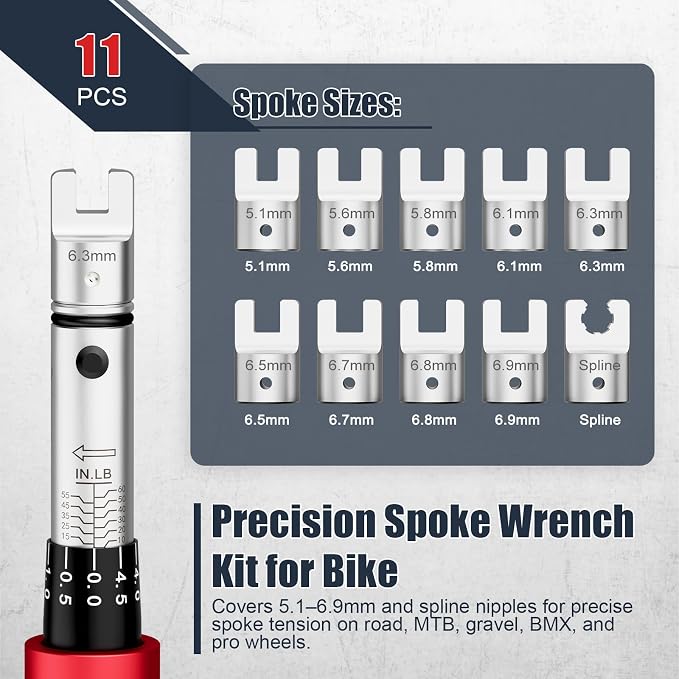 VANPO Spoke Torque Wrench, 10–60 in-lb, for Motorcycle Wheel Maintenance | 1/4" Drive Small Torque Wrench Kit with 9 Spoke Wrench Heads (5.1-6.9mm) & Spline, Spoke Wrench for Mountain, Road Bike
