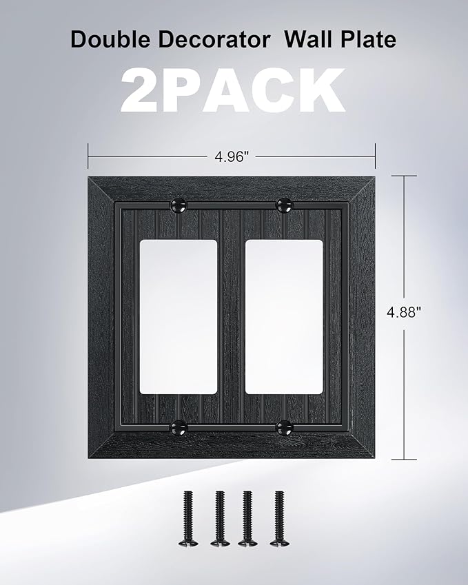 2-Pack Classic Beadboard Decorative Double Decorator Outlet Cover Plate, Matte Black Unbreakable Polycarbonate Wall Plates for Electrical Outlets, Receptacle, GFCI Outlet, Dimmer Switch, 2-Gang