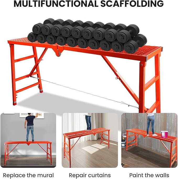 Foldable Scaffolding Platform, 70.8x15.2x36.2-62 Inch Portable Work Platform, 770 Lbs Capacity, Adjustable Height Industrial Step Ladders, Ideal for Painting, Wiring and Home Decor, Red