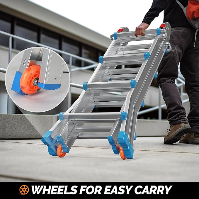 LUISLADDERS Ladder, A Frame Step Ladder Telescoping Ladder, Muti Position Folding Ladder Flared Leg & Wheels Design, 330 lbs Capacity Extension Ladder for Household Outdoor Work (17 FT)