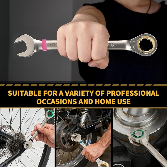 GRENPRO 23PCS Ratcheting Wrench Set SAE Metric Combination Mechanic Tools | 1/4"-3/4"&6-18MM Bolt Gauge, Gray Nickel CR-V 72-Tooth 5-Degree Swing 12Pt Color Rings, Roll Pouch for Auto & Home Repair