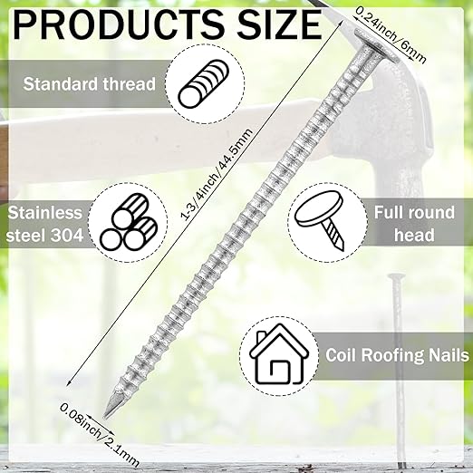Tandefio 2 Pounds 1-3/4 Inch Roofing Nails 304 Stainless Steel Siding Nails for Roofing Felt, Flat Head Hardware for Shingles, Cedar Wood, Decking, Wall