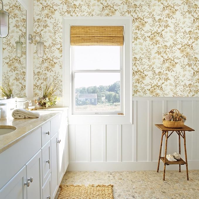 Erfoni 16.9" x197" Yellow Brown Floral Peel and Stick Wallpaper Boho Floral Leaf Contact Paper Flower Self Adhesive Wall Paper DIY Removable Decoration Wallpaper for Livingroom Accent Wall Covering