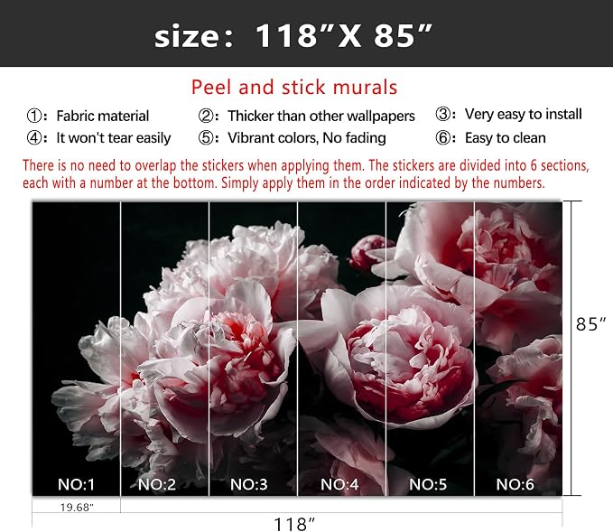 YIHWM-Peel and Stick Pink Flowers Wallpaper Dark Peony Floral Wall Mural | Tear-resistant,with a substantial feel;the product is unlikely to be damaged when repositioned.Bedroom.M-118"x85"