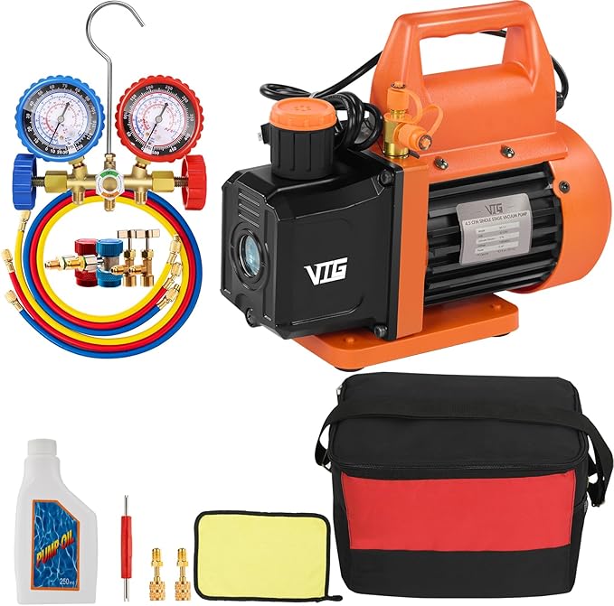 VTG VOGTEN 4.5 CFM AC Vacuum Pump and Gauge Set,for Mini Split/HVAC/Auto Systems,Manifold Gauge Kit Compatible with R134a R12 R22 R502,Includes 2 R134a Can Taps,R410a Adapters