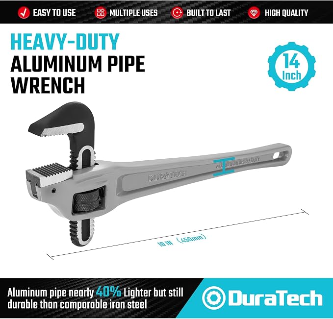 DURATECH 18-inch Aluminum Offset Pipe Wrench, Adjustable Plumbing Wrench | 2-1/2" Jaw Capacity, Heavy Duty, Drop Forged, Exceed GGG standard