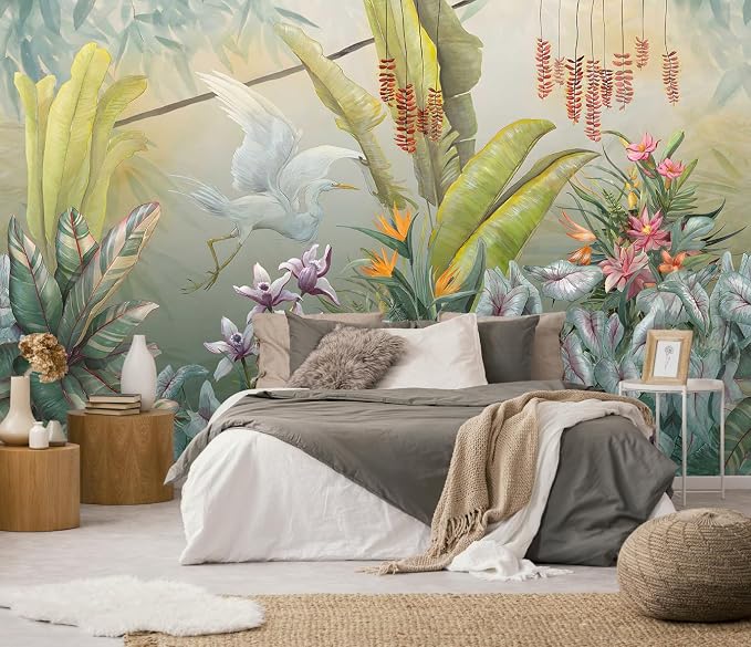 Toolhom Hand-Painted Colorful Leaves wall Mural | 170"x108" non-self-adhesive white cranes playful leaves wallpaper, wall decorations