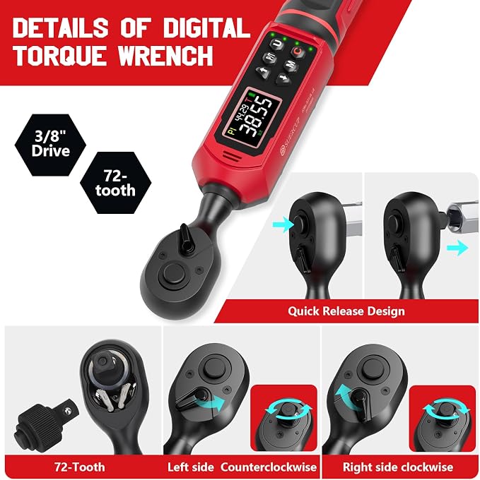 3/8" Digital Torque Wrench (0.66-44.29Ft.Lb/0.9-60N.m) | ±1% Accuracy with Vibration/Buzzer/LED Alerts, 9 Presets & 5 Units, for Moto Engine/Brake, Car Spark Plug & Oil Drain Repair